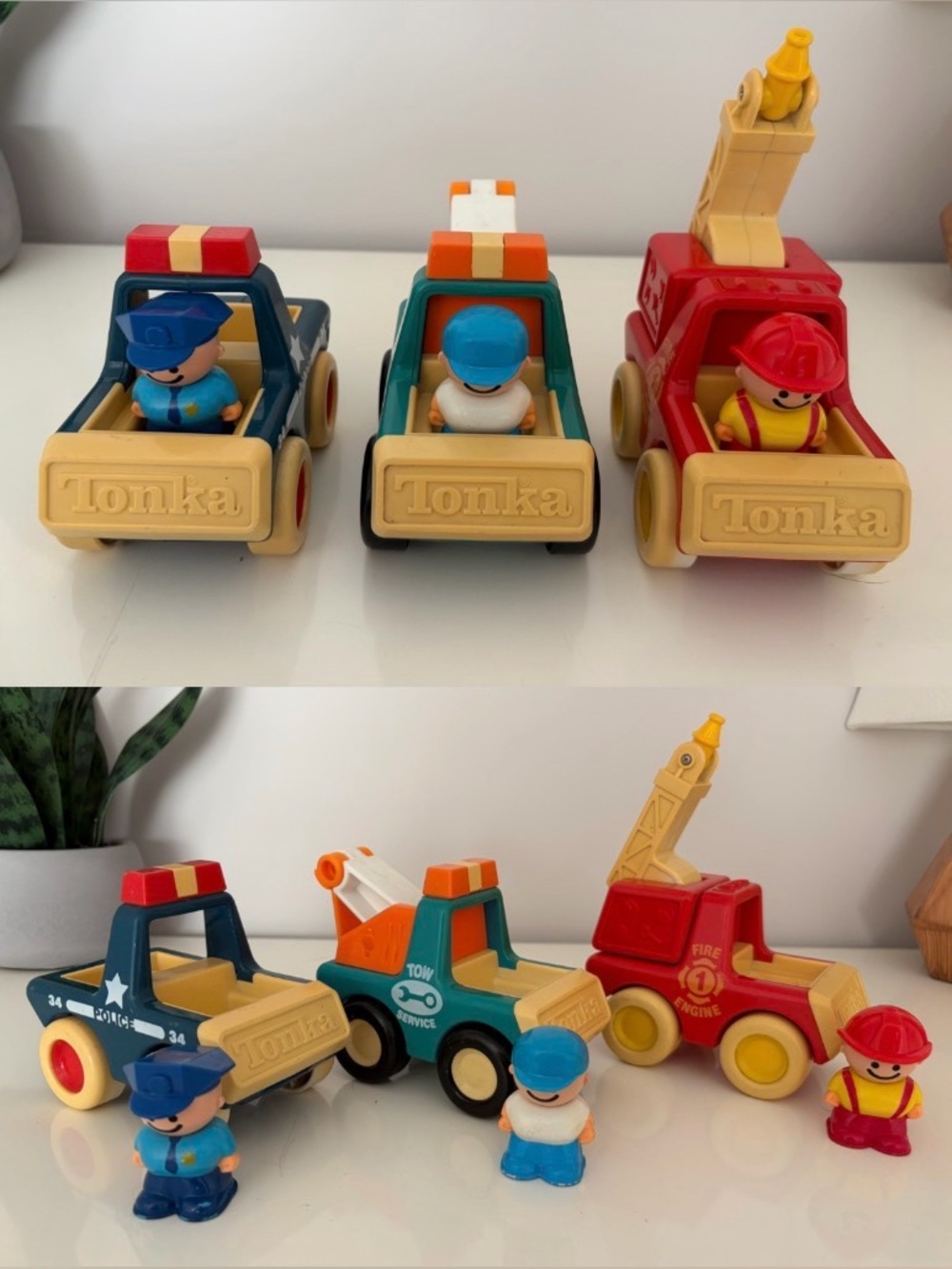 Vintage Tonka Blue Police, Green Tow, Red Fire Truck 3-Pack Toy Vehicles
